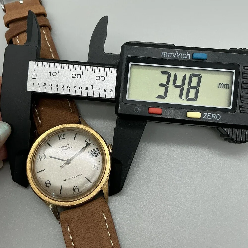 Vintage Timex Automatic Mens Watch 35mm Gold Tone Date Brown Leather Strap